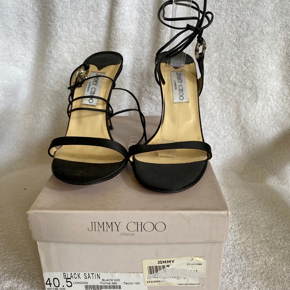 Jimmy Choo black satin rhinestone strappy heels
